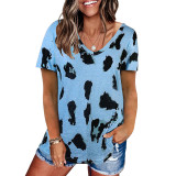 Leopard Short Sleeve Tops V Neck Casual T Shirts