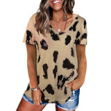 Leopard Short Sleeve Tops V Neck Casual T Shirts