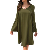Solid Color V-neck Flare Sleeve Elegant Mini Dress