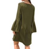 Solid Color V-neck Flare Sleeve Elegant Mini Dress