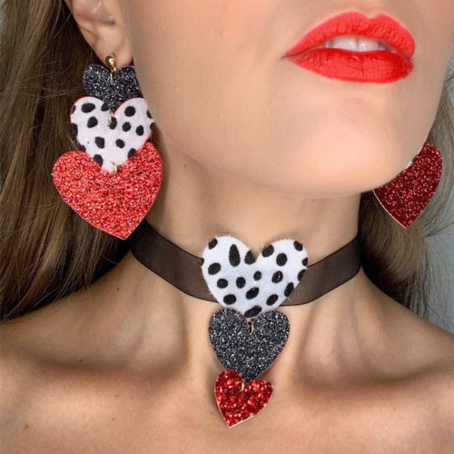 Heart Shape Leather Sequins Dot Print Earrings