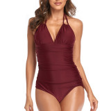 Solid Halter One-piece Swimsuit