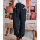Solid Drawstring Elastic Waist Pull-on Casual Pants with Pockets