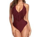 Solid Color Tassels One-piece Swimsuit