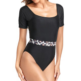 Solid Color Short Sleeve One Piece Swimsuit
