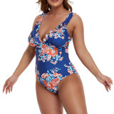 Women's Plus Size V Neck One Piece Ruffled Swimsuit