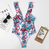 Women's V Neck Printed One Piece Ruffled Swimsuit