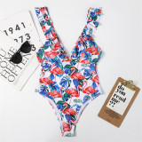 Women's V Neck Printed One Piece Ruffled Swimsuit