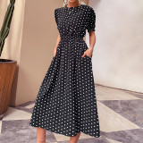 Retro Black Wave Point Print Dress Summer Midi Dresses