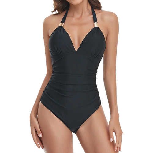 Solid Color Halter V Neck One Piece Swimsuits