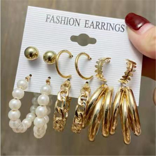 Gold Color Geometry Faux-Pearl Earring Set