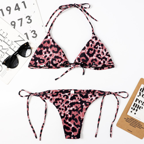 Women's Leopard Print Lace Up Bikini Set Swimsuit
