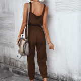 Sleeveless Solid Color Drawstring Bodysuit Jumpsuits