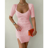 Solid Color Side Split Mini Bodycon Dress