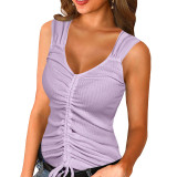 V Neck Solid Drawstring Sleeveless Tank Top