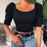 Square Neck Solid Puff Sleeved Shirt Crop Tops