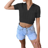 V Neck Solid Short Sleeve Shirt Crop Tops