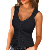 V Neck Solid Drawstring Sleeveless Tank Top