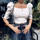 Square Neck Solid Puff Sleeved Shirt Crop Tops