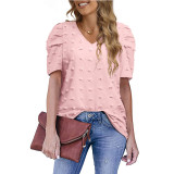 Pom Pom Chiffon Short Sleeve V-Neck Tops