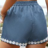 Women Solid Color Lace Drawstring Shorts