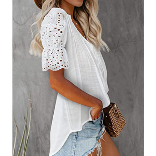 Women V Neck Lace Sleeve Top