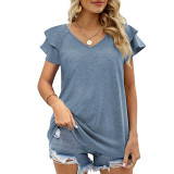 Double Ruffled Sleeve V Neck Top