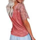 Summer Short Sleeve V-neck Lace Sleeve T-shirt