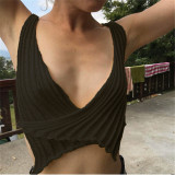 Sexy V Neck Solid Hollow Out Crop Tops