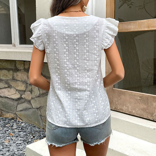 White V Neck Hollow Out T Shirt Blouses