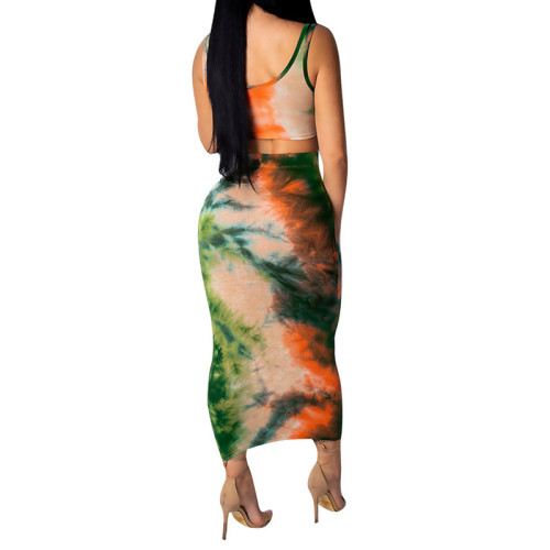 Tie Dyed Printed U Neck Crop Tops Two Pieces Skirt Set