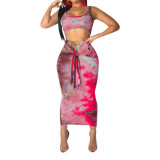 Tie Dyed Printed U Neck Crop Tops Two Pieces Skirt Set