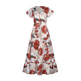 V-neck Floral Print Lace-up Dress
