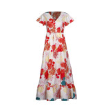 V-neck Floral Print Lace-up Dress
