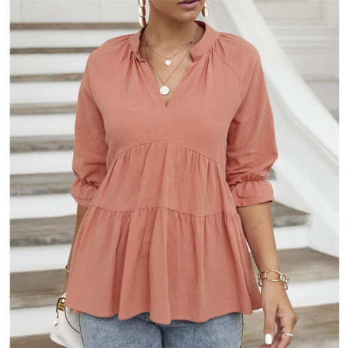 Loose V-Neck Pleated Wholesale Blouse