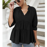 Loose V-Neck Pleated Wholesale Blouse