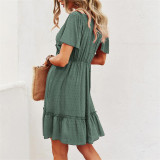 Solid Color V-Neck Short Sleeve Mini Dress