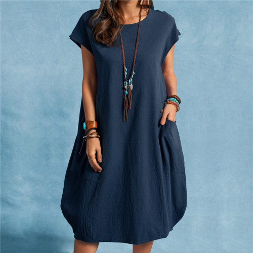 Cotton Linen Loose Casual Solid Color Midi Dress