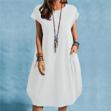 Cotton Linen Loose Casual Solid Color Midi Dress