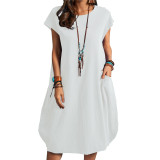 Cotton Linen Loose Casual Solid Color Midi Dress