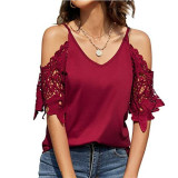 Lace Sleeve V-Neck Solid Color Loose T-Shirt