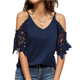 Lace Sleeve V-Neck Solid Color Loose T-Shirt