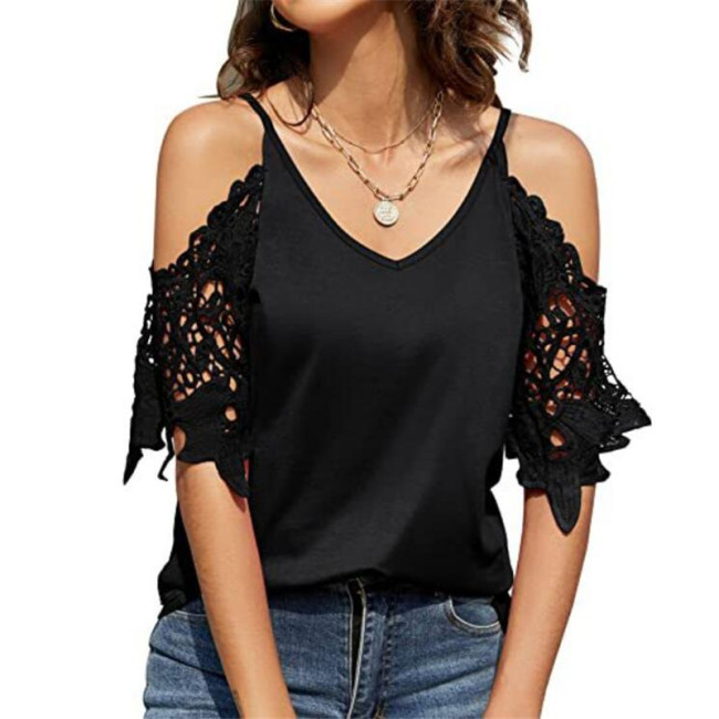 Lace Sleeve V-Neck Solid Color Loose T-Shirt