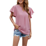 Solid Color V-Neck Chiffon Shirt Short Sleeve Top