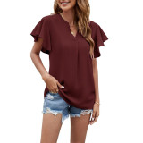 Solid Color V-Neck Chiffon Shirt Short Sleeve Top