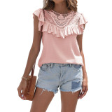 Lace Neck Ruffle Sleeve Chiffon Shirt Top