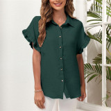 Solid Color Lapel Short Sleeve Chiffon Shirt