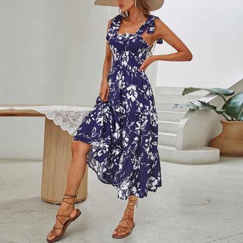 Blue Floral Print Slip Maxi Dress