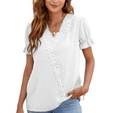 Lace V-Neck Short Sleeve Chiffon Shirt