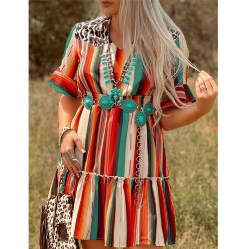 Colorful Striped Pleated Short Sleeve Mini Dress